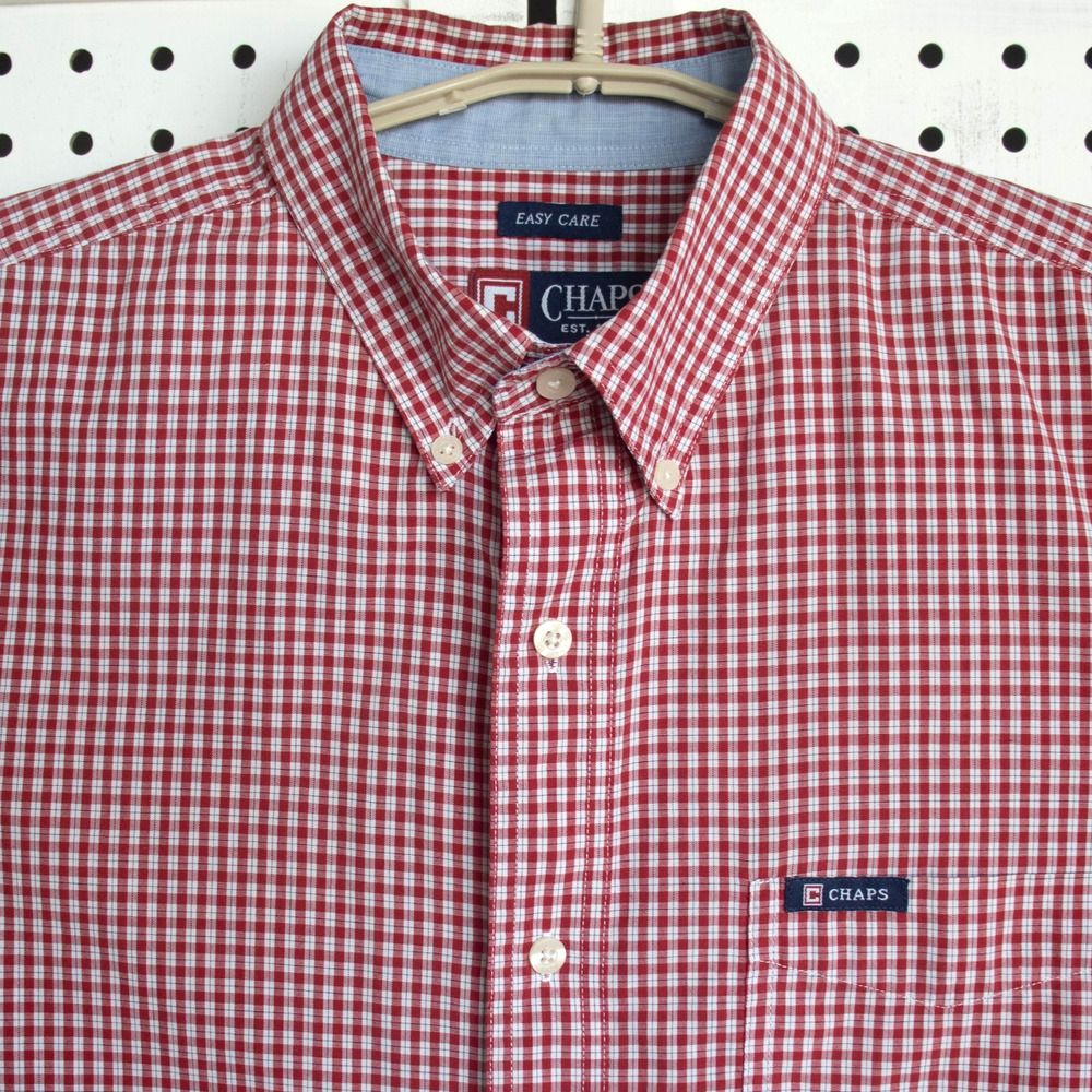 Chaps Easy Care Mens SIZE Large Shirt Red Short Sleeve Gingham Plaid - Picture 2 of 8